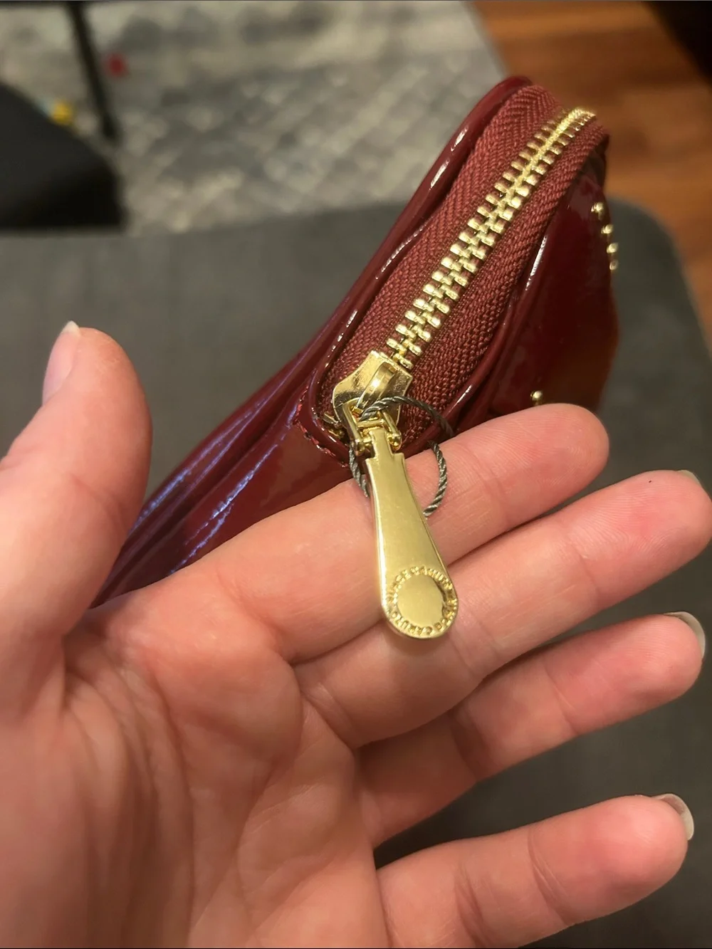 NWOT Vince Camuto Burgundy Red Patent Bow Studded Accent Clutch Cosmetic Bag